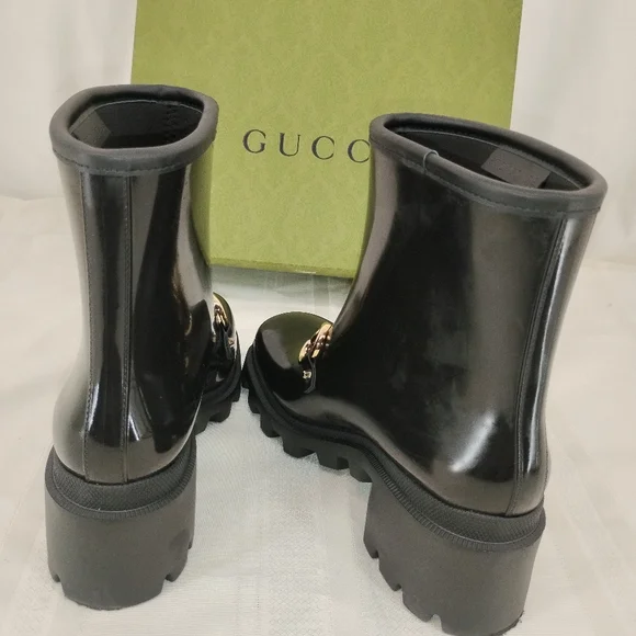 GUCCI Luxe Horse Bit Boots SNAKE ON BOTTOM! Black Rubber Snow or Rain - Picture 8 of 13